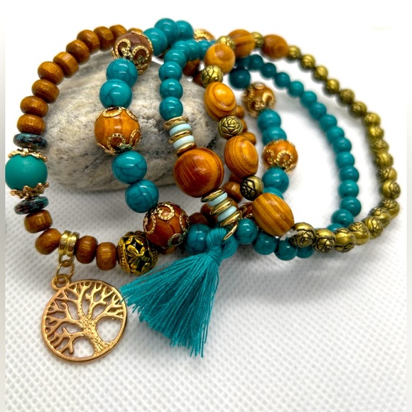 New Blue Multi Beaded Bracelets Tassels Surf Beach Hippie BOHO Charms 4PCS - Picture 3 of 5